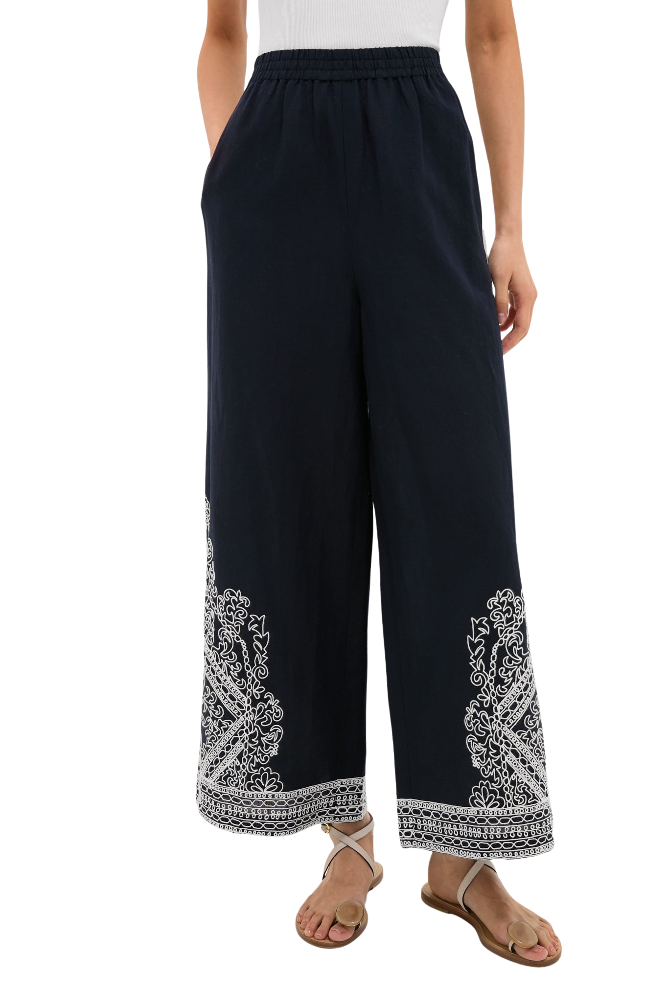 Navy and White Embroidered Emme Pants