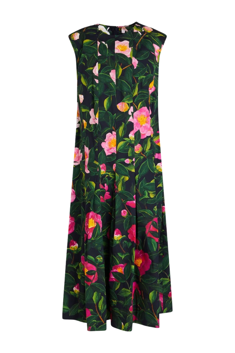 Pleated floral-print cotton-blend poplin midi dress