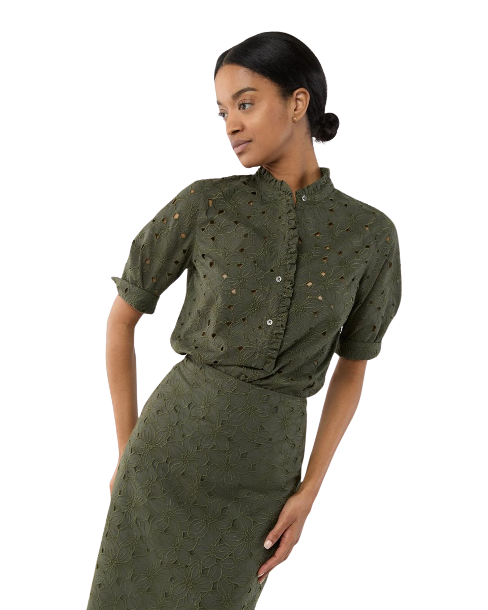 Elbow-Sleeve Frill Shirt in Military Floral Guipure Lace