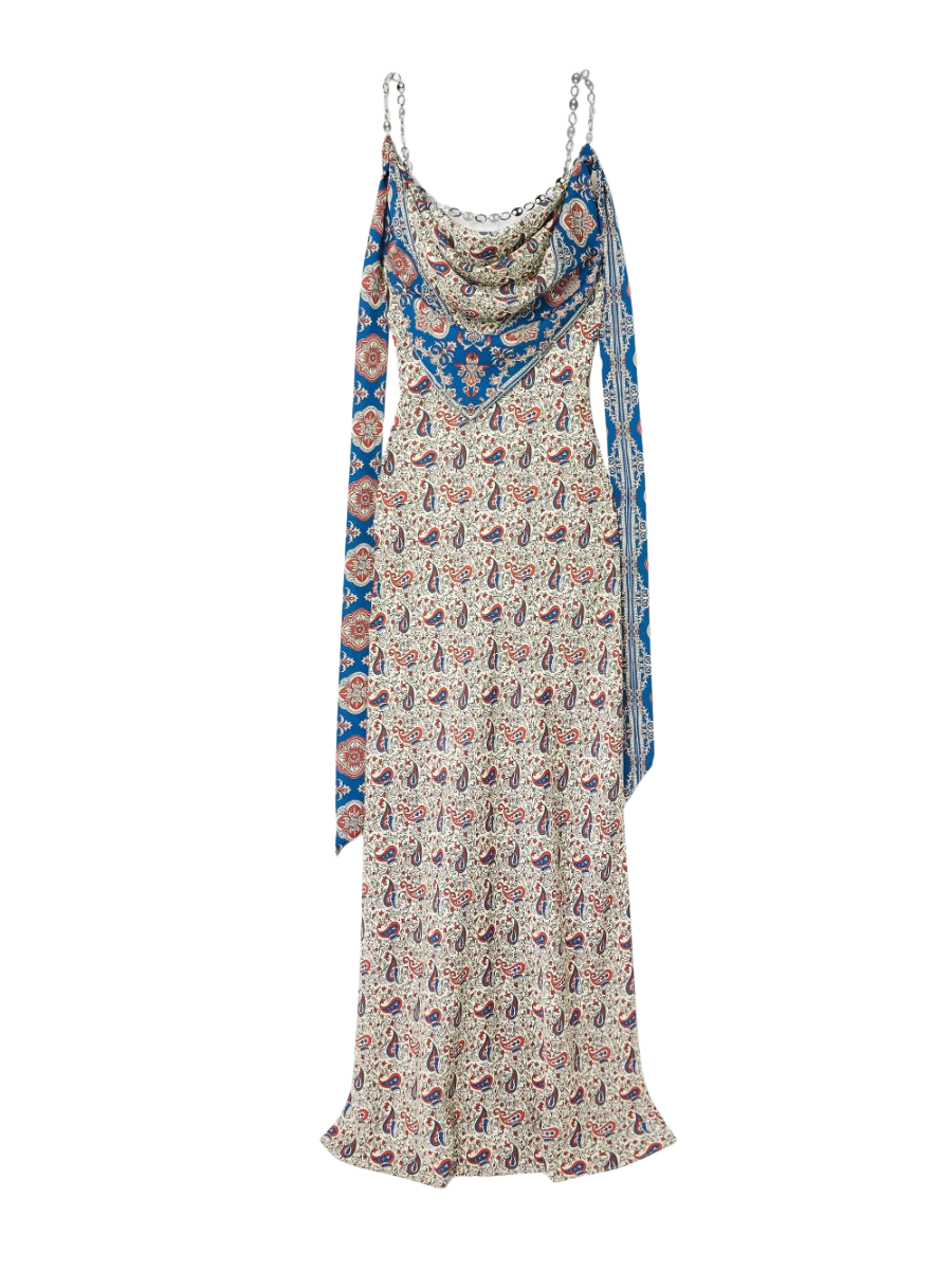 Chain-embellished paisley-print crepe maxi dress
