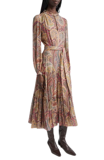 Paisley Print Long Sleeve Belted Crepon Midi Dress