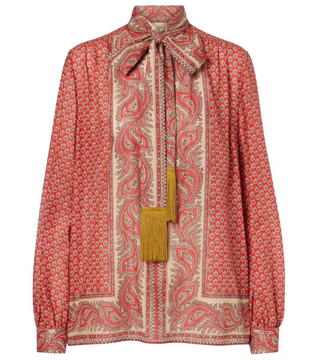 Printed tie-neck cotton blouse