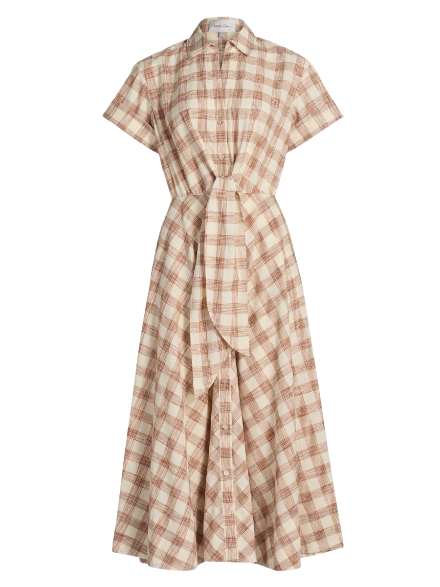 Asbury Plaid Cotton Tie-Waist Midi-Shirtdress