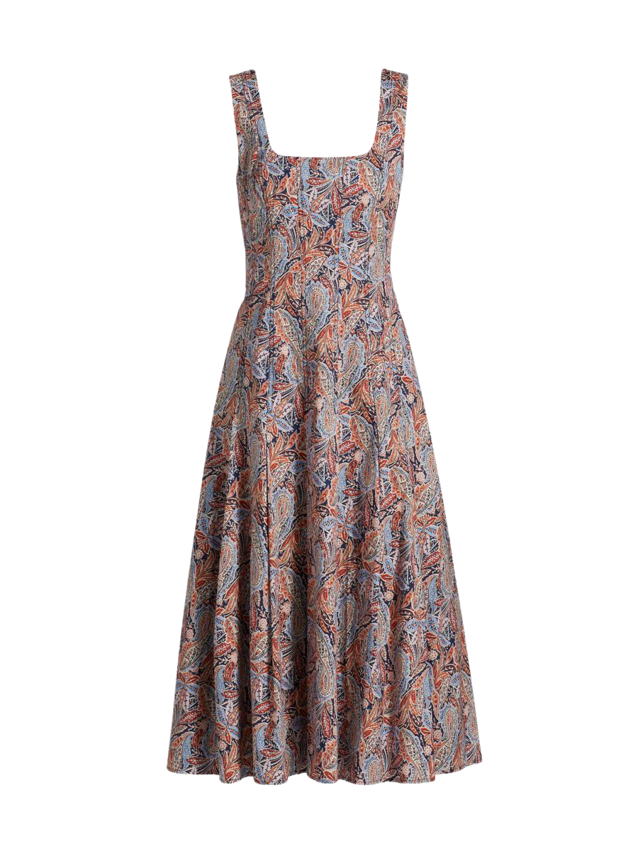 Jolie Pleated Paisley Stretch Cotton Midi-Dress