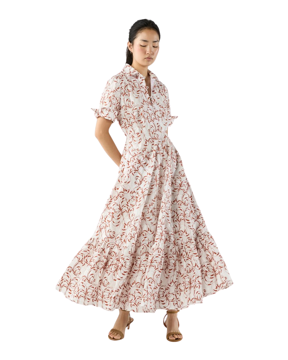 San Pietro Dress in White Fern Embroidered Cotton