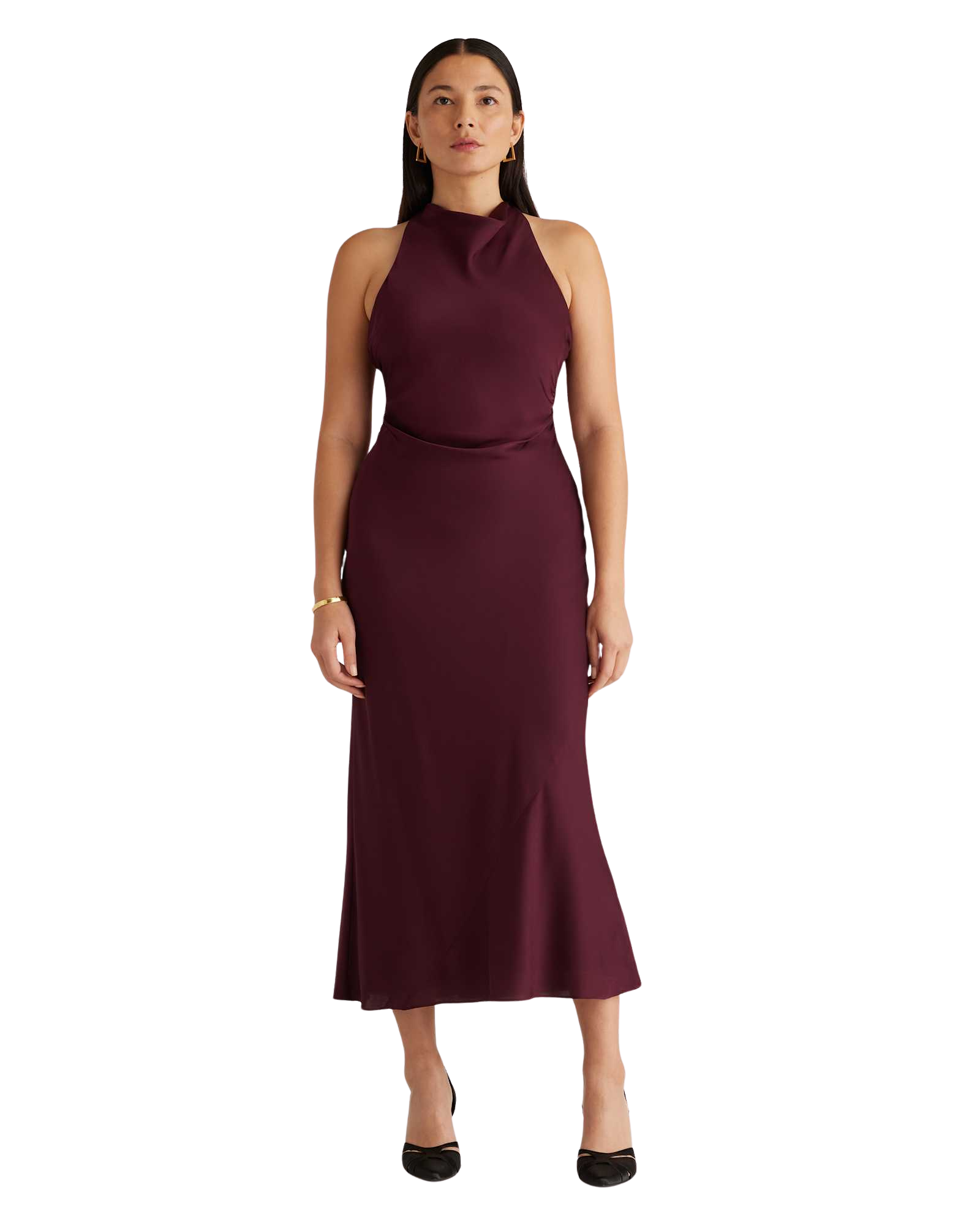 Washable Stretch Silk High Neck Midi Dress