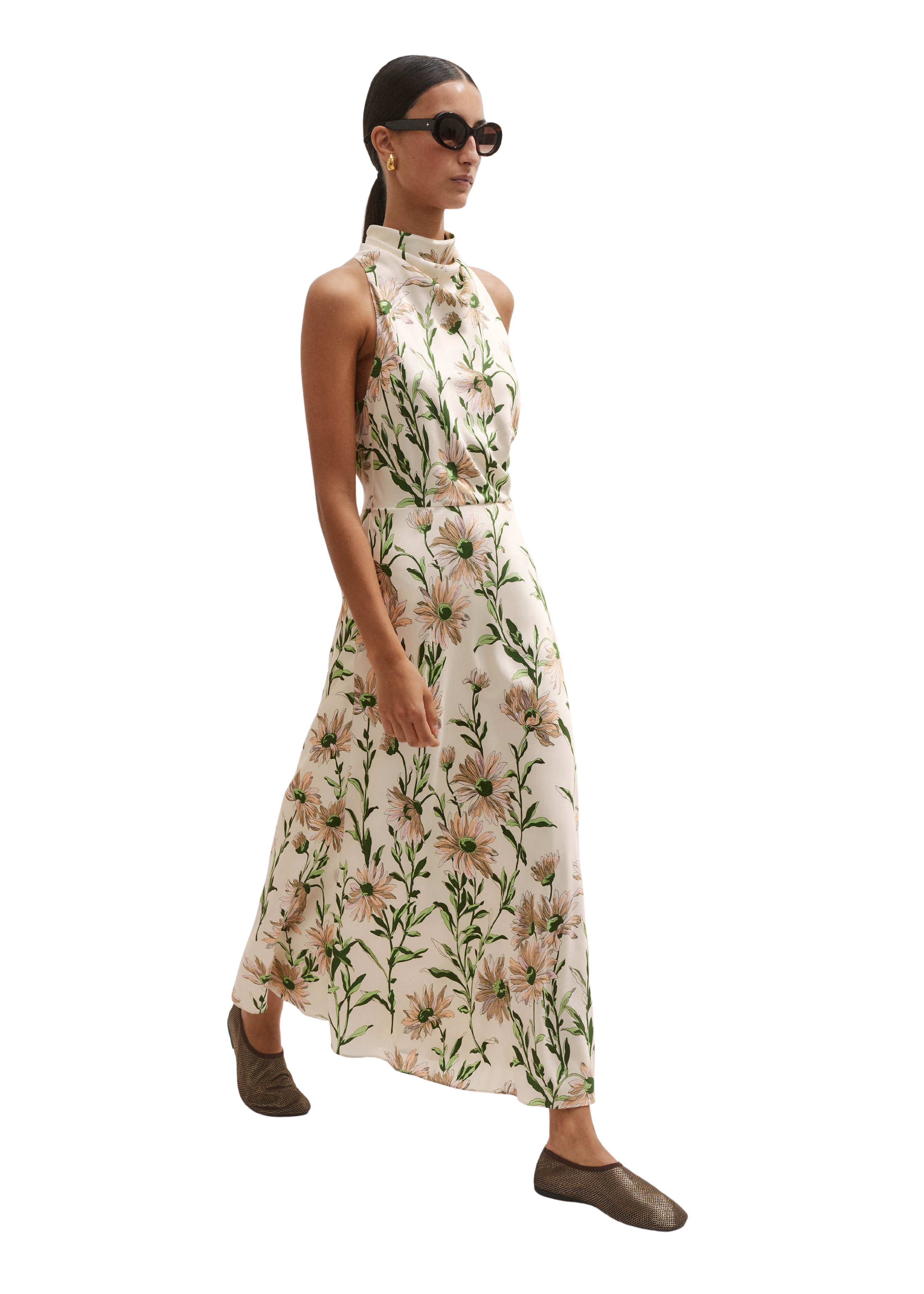 Silk Growing Daisy Print Halterneck Maxi Dress