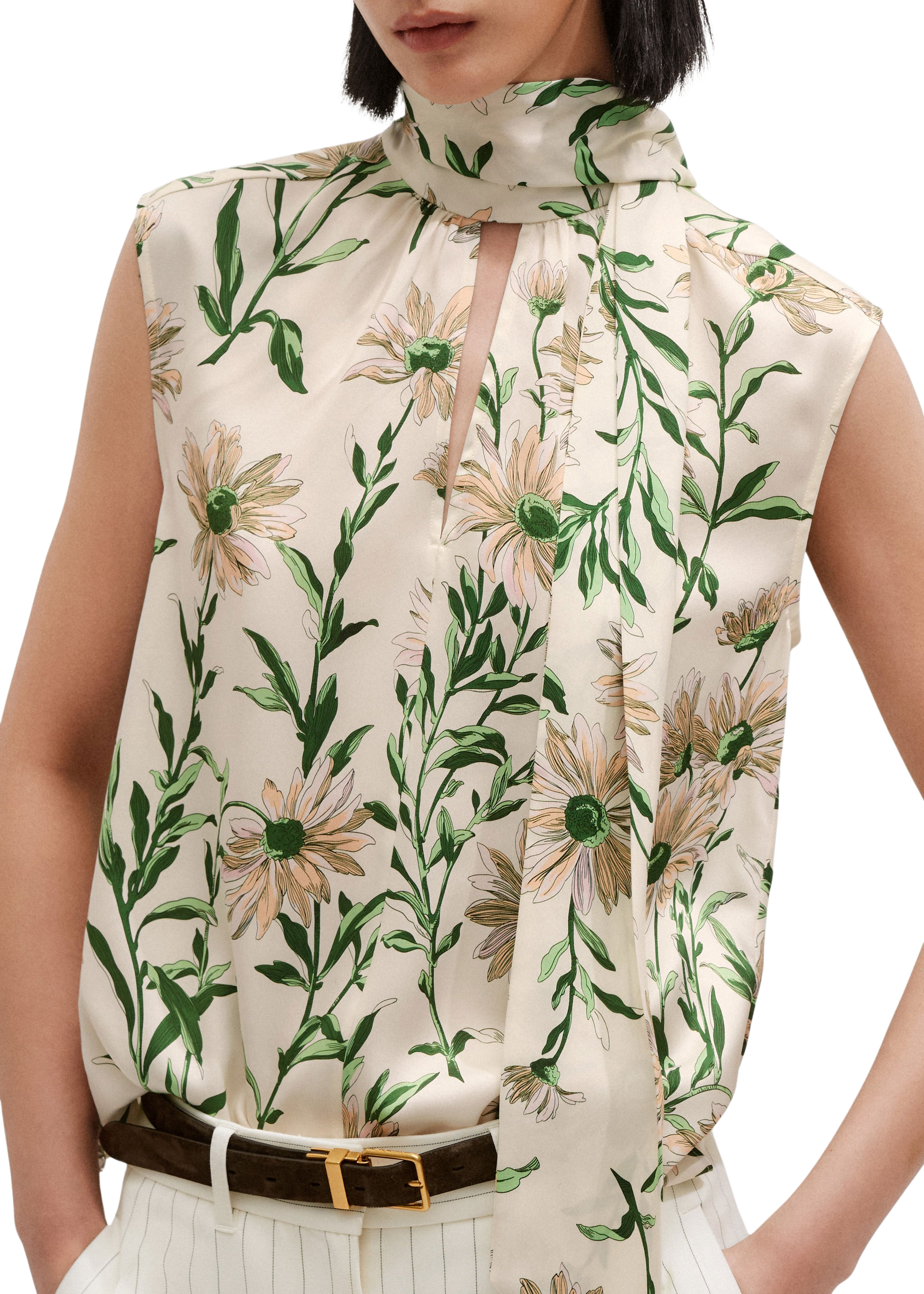 Silk Satin Growing Daisy Print Top + Tie