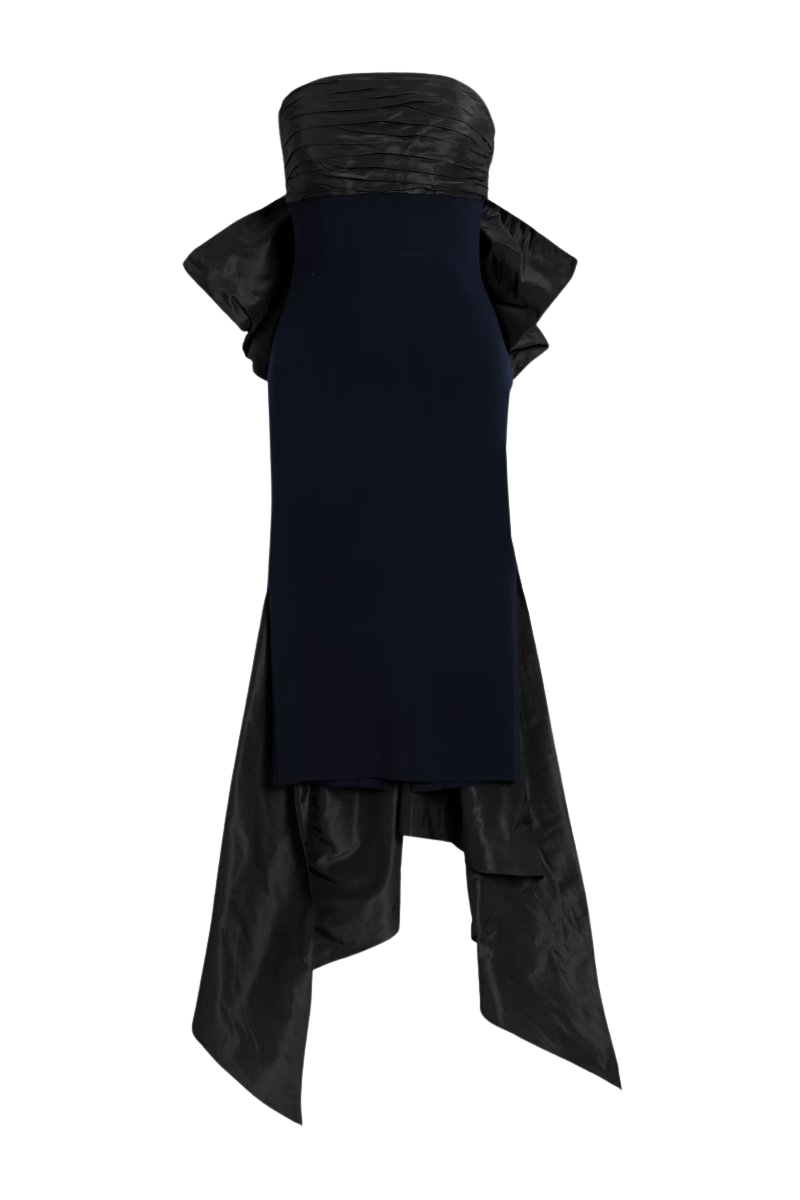 Strapless bow-embellished silk-taffeta and stretch-knit dress