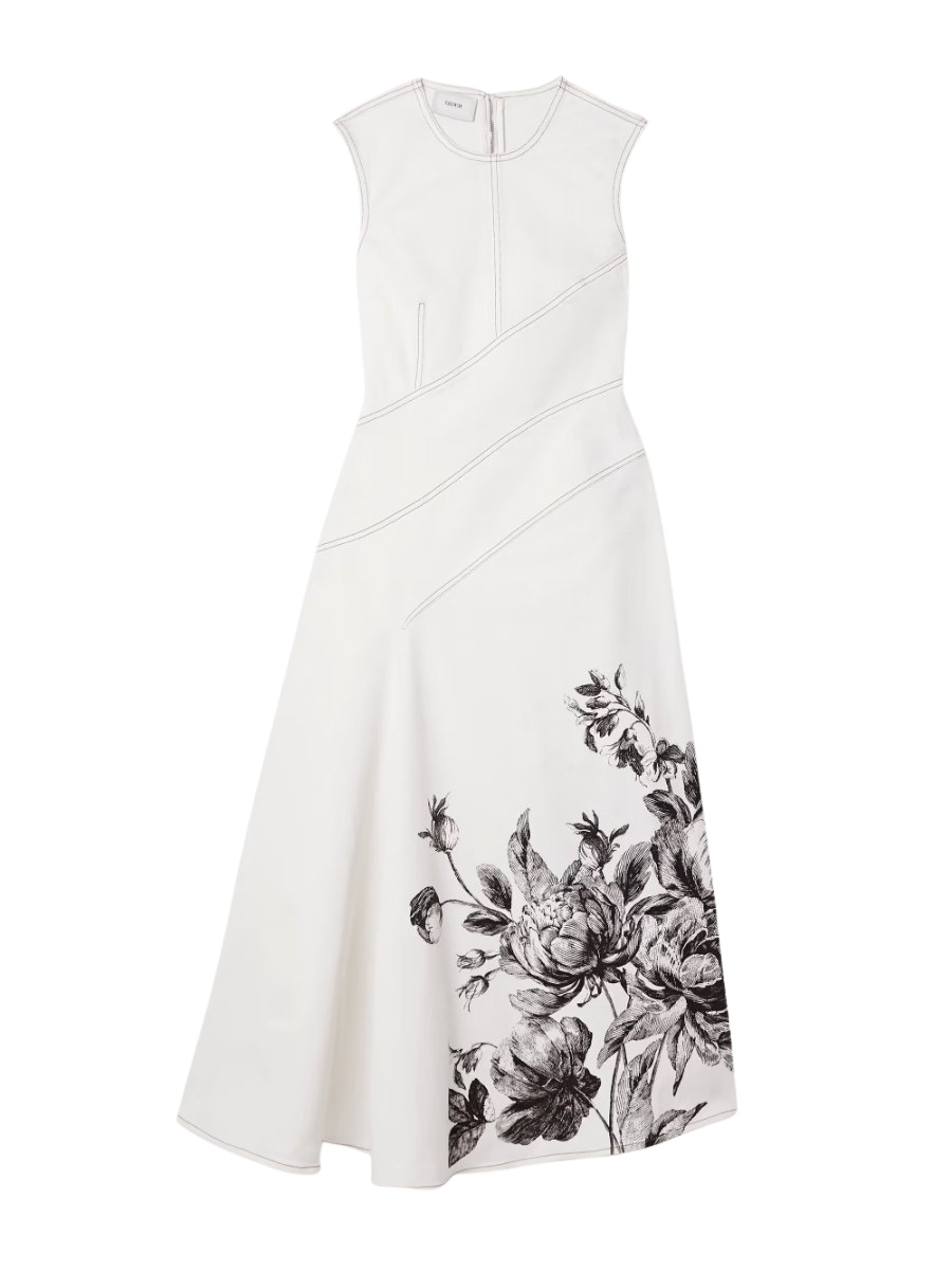 Asymmetric paneled floral-print denim midi dress