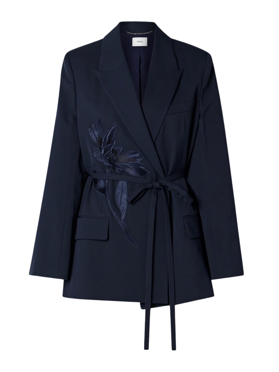 Belted appliquéd crepe blazer