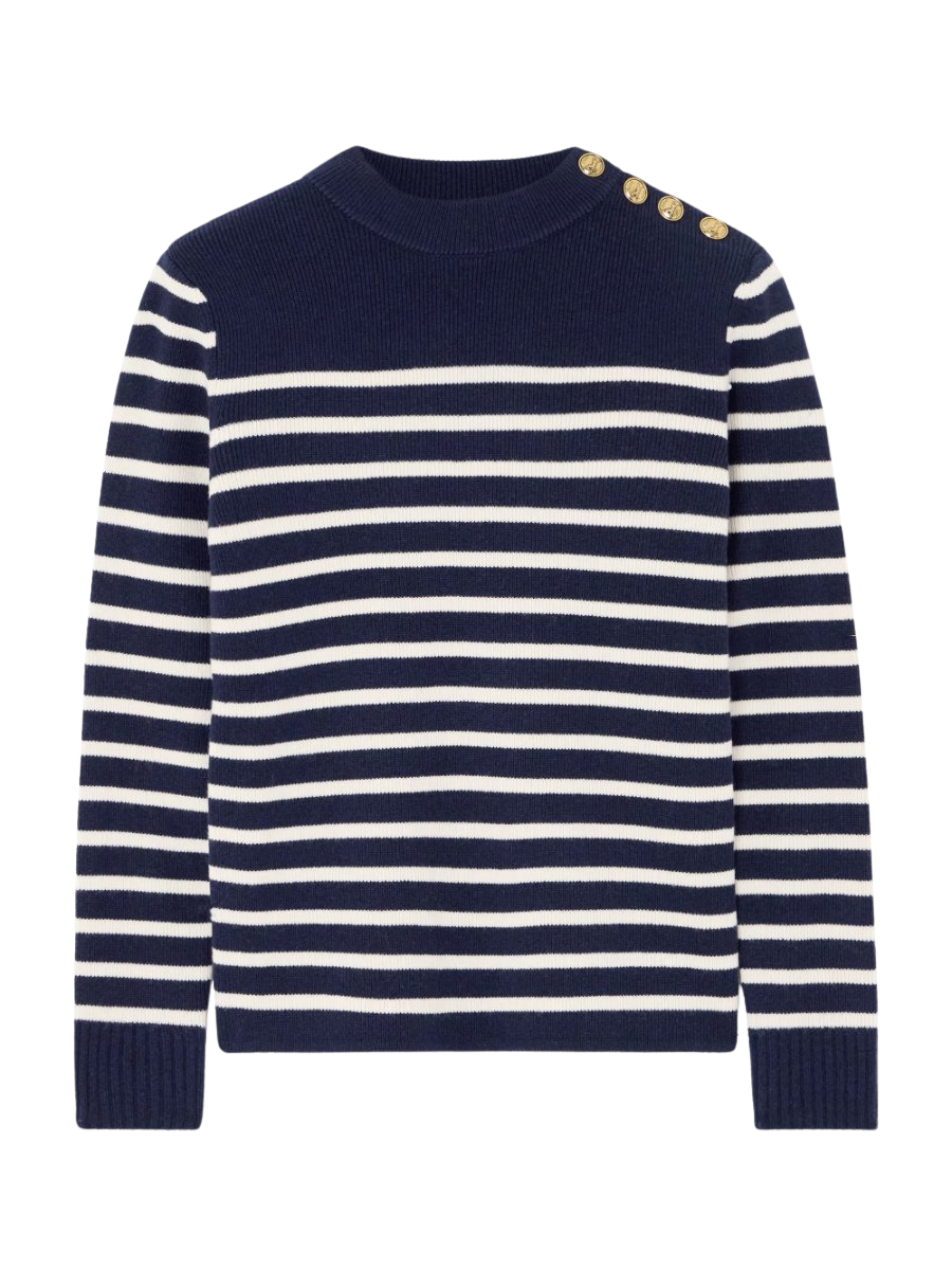 Button-embellished striped wool and cashmere-blend sweater