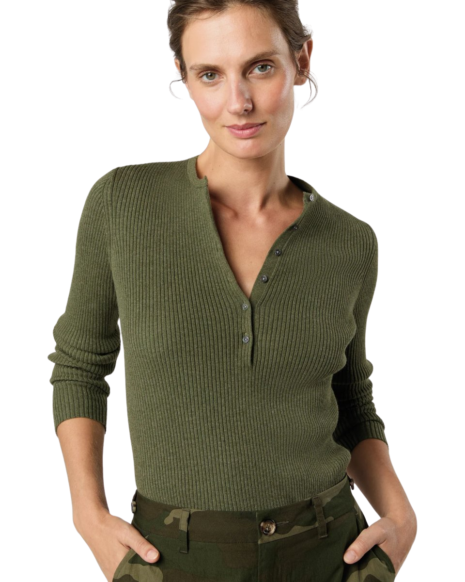 Long-Sleeved Nia Ribbed Henley in Covert Green Cotton/Silk