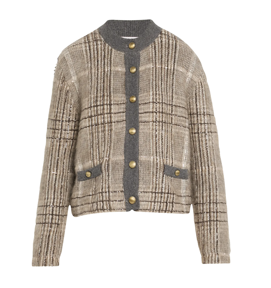 Brunello Cucinelli Cashmere-Mohair Paillette Check Jacquard Cardigan