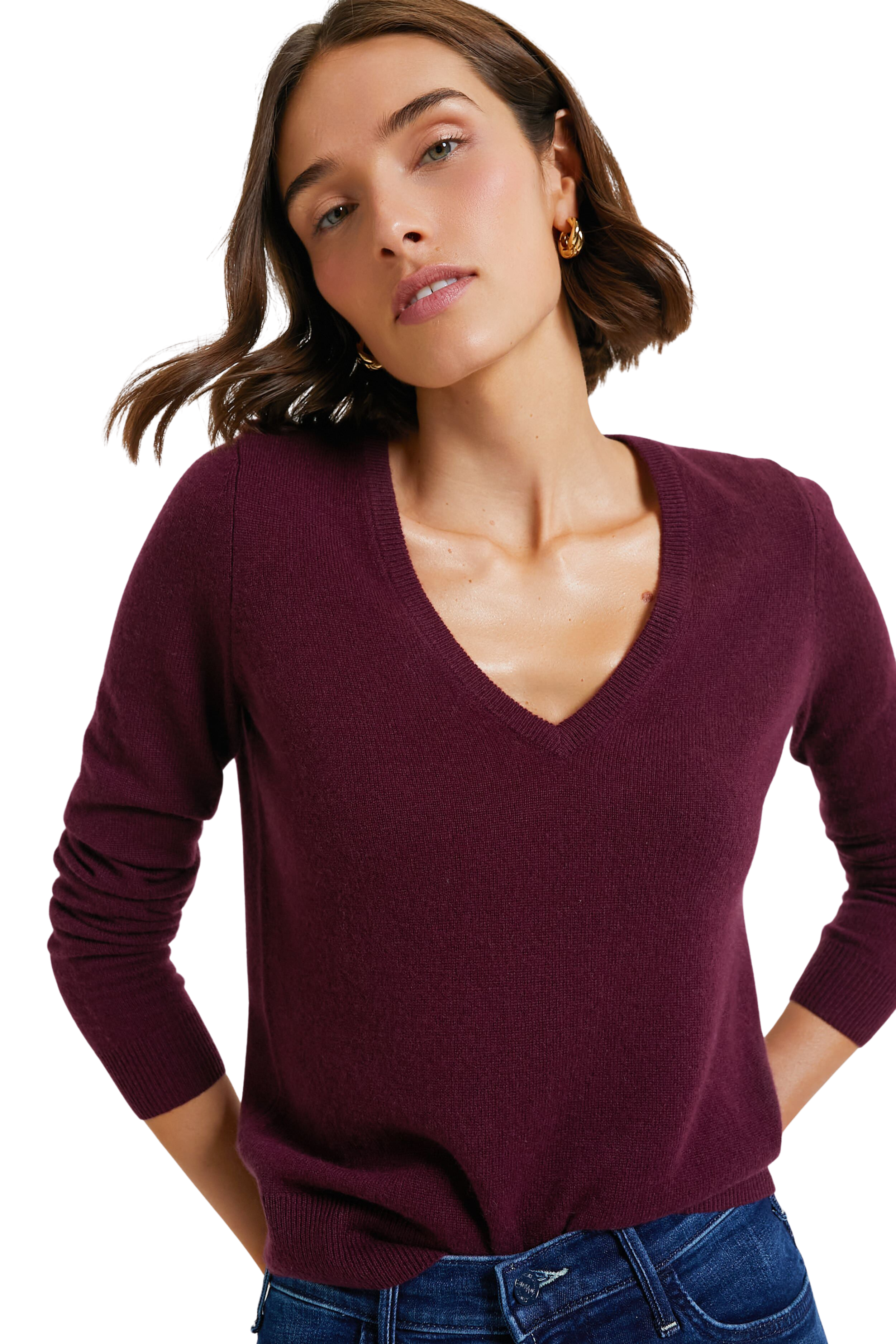 Oxblood Cashmere V-Neck Sweater