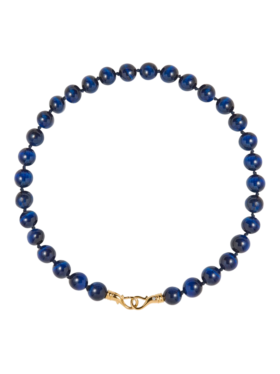 BLUE TIGER'S EYE BEAD & HOOK NECKLACE, GOLD