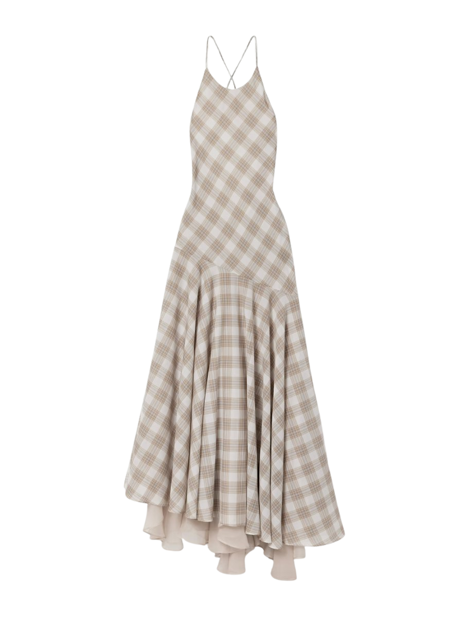 Eve asymmetric layered checked voile maxi dress