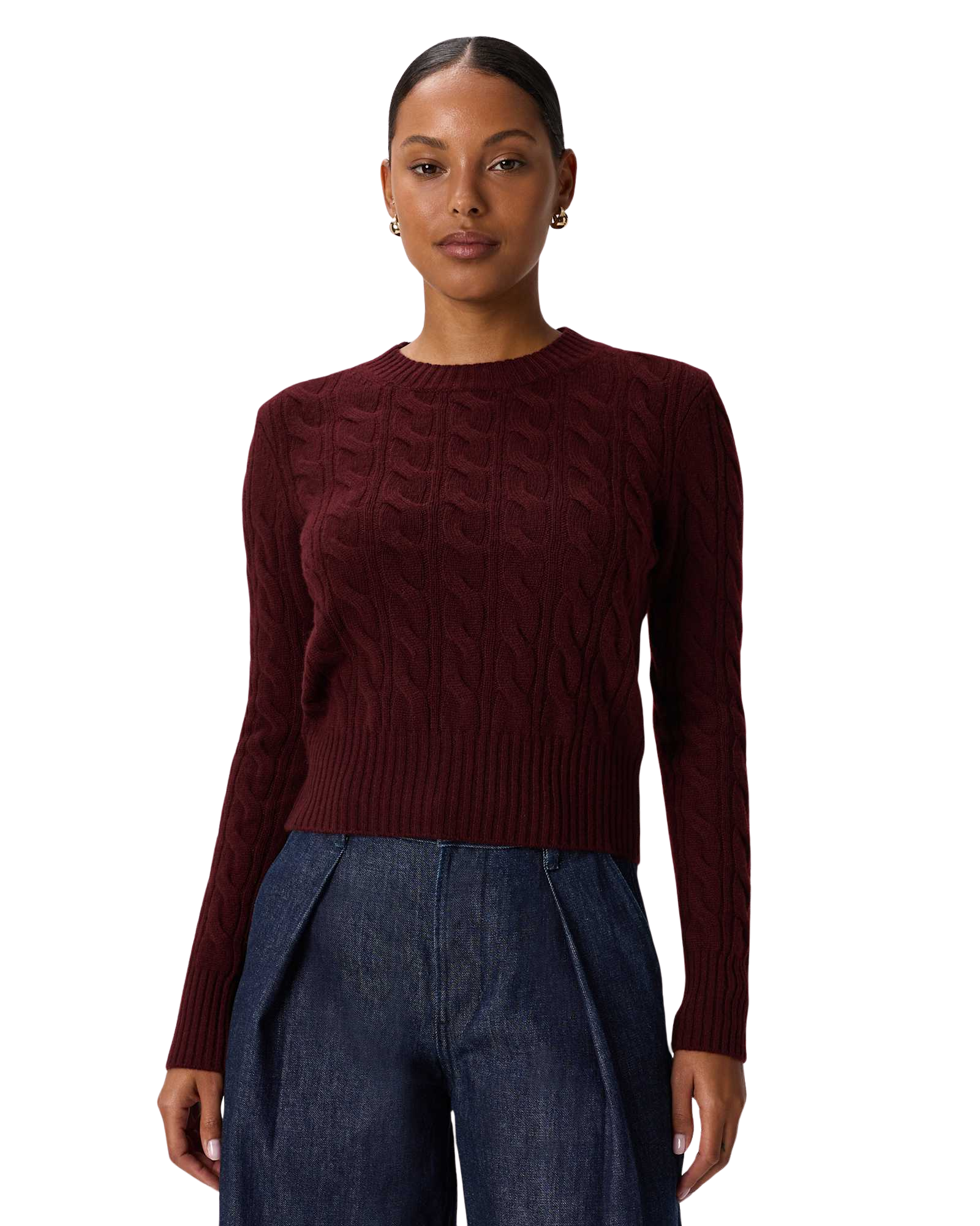Mongolian Cashmere Shrunken Cable Crewneck Sweater
