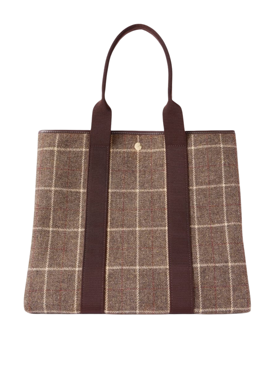 Traversée Hunter large webbing and leather-trimmed checked tweed tote