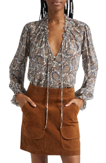 Hickory Print Tie Neck Silk Blend Shirt