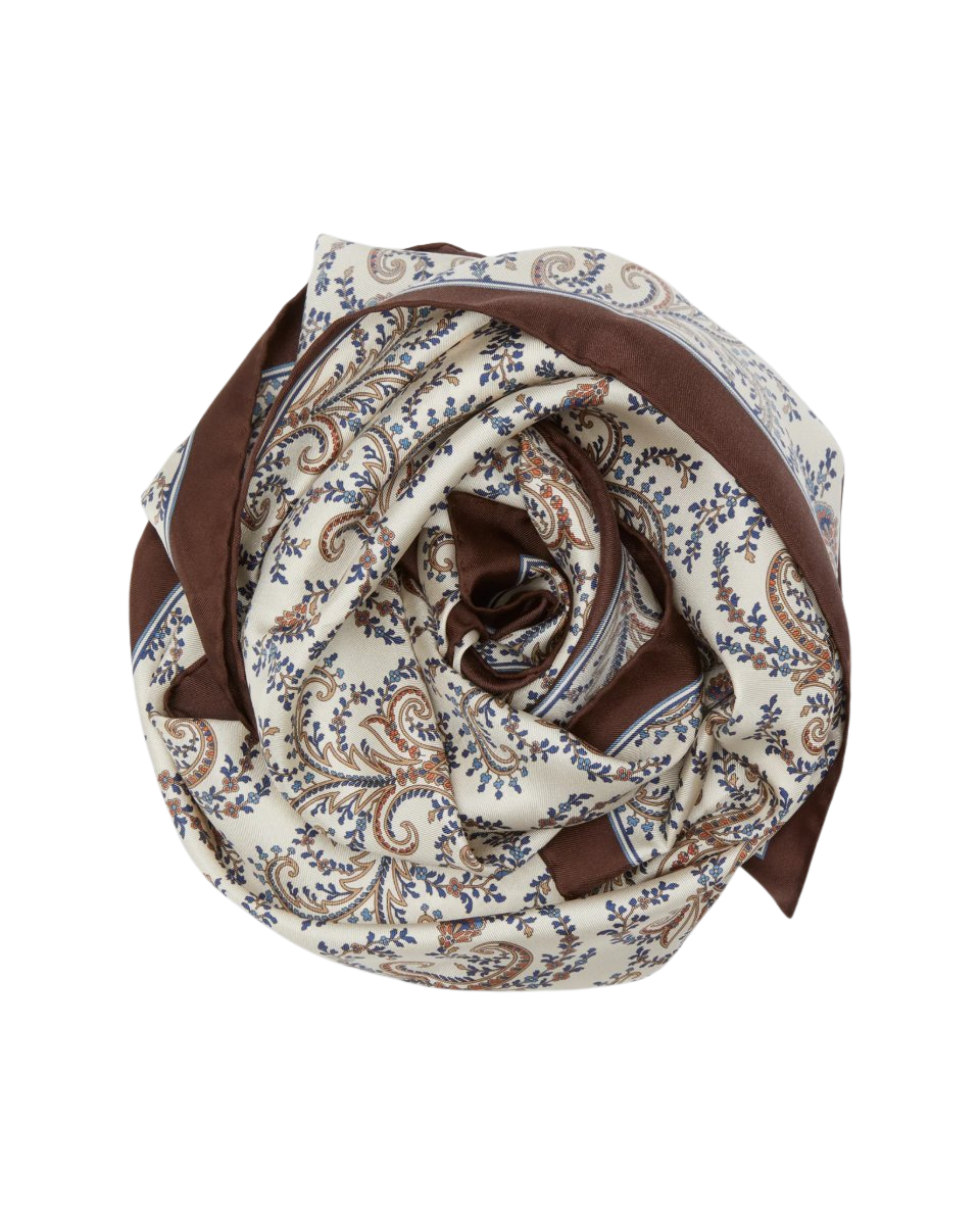 Large Hand-Rolled Scarf in Ivory/Brown/Multi Paisley