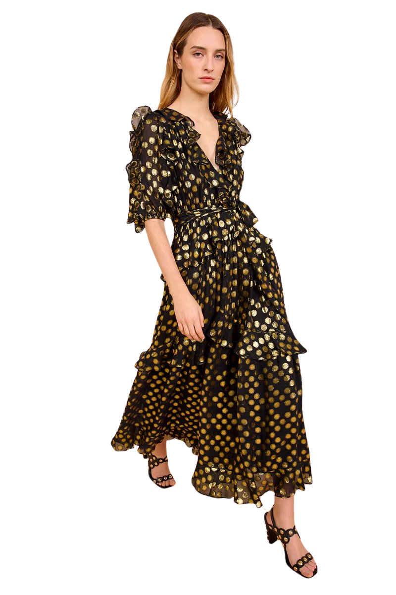 Tida Silk V–Neck Short Sleeve Midi Dress