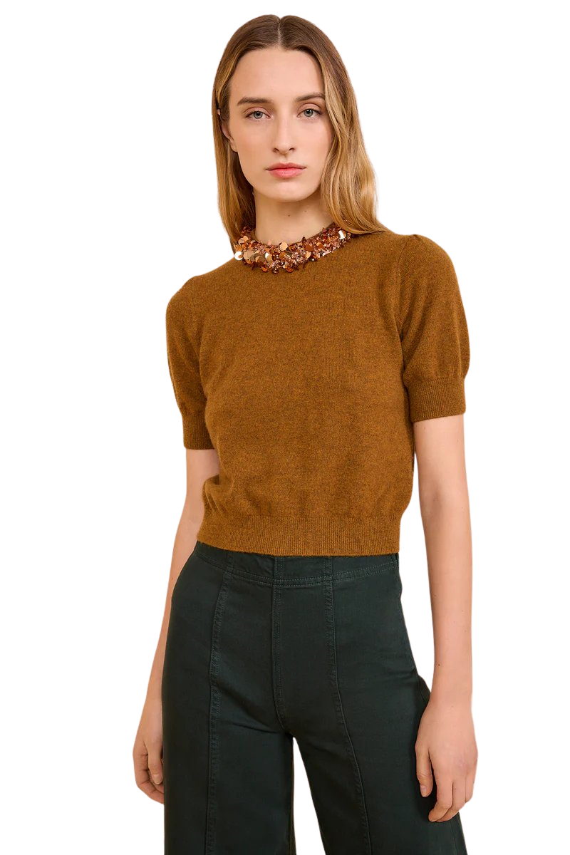 Liv Embroidered Cashmere Short Sleeve Knit