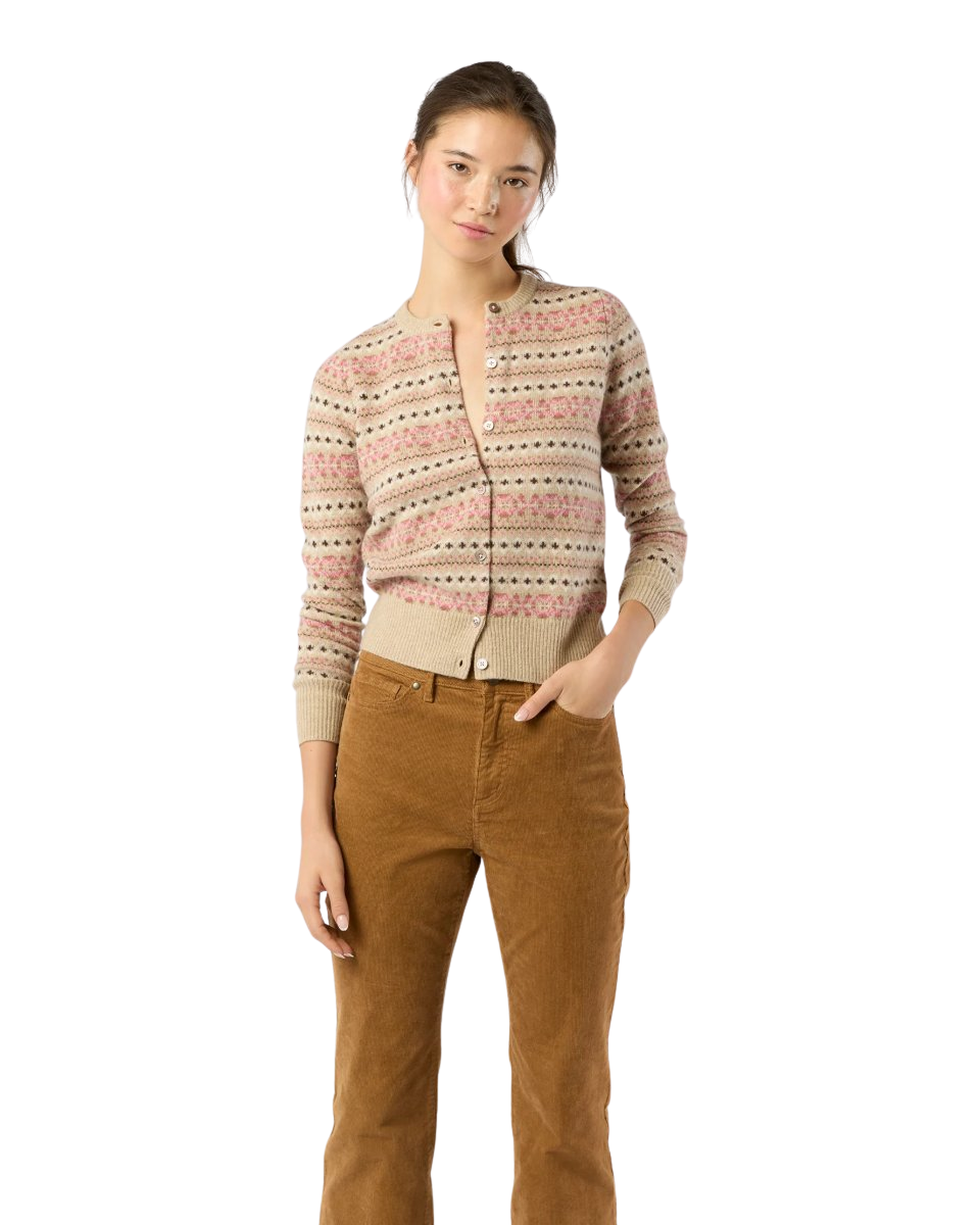Rosie Fair Isle Cardigan in Mink/Pink Multi Extra Fine Merino Wool