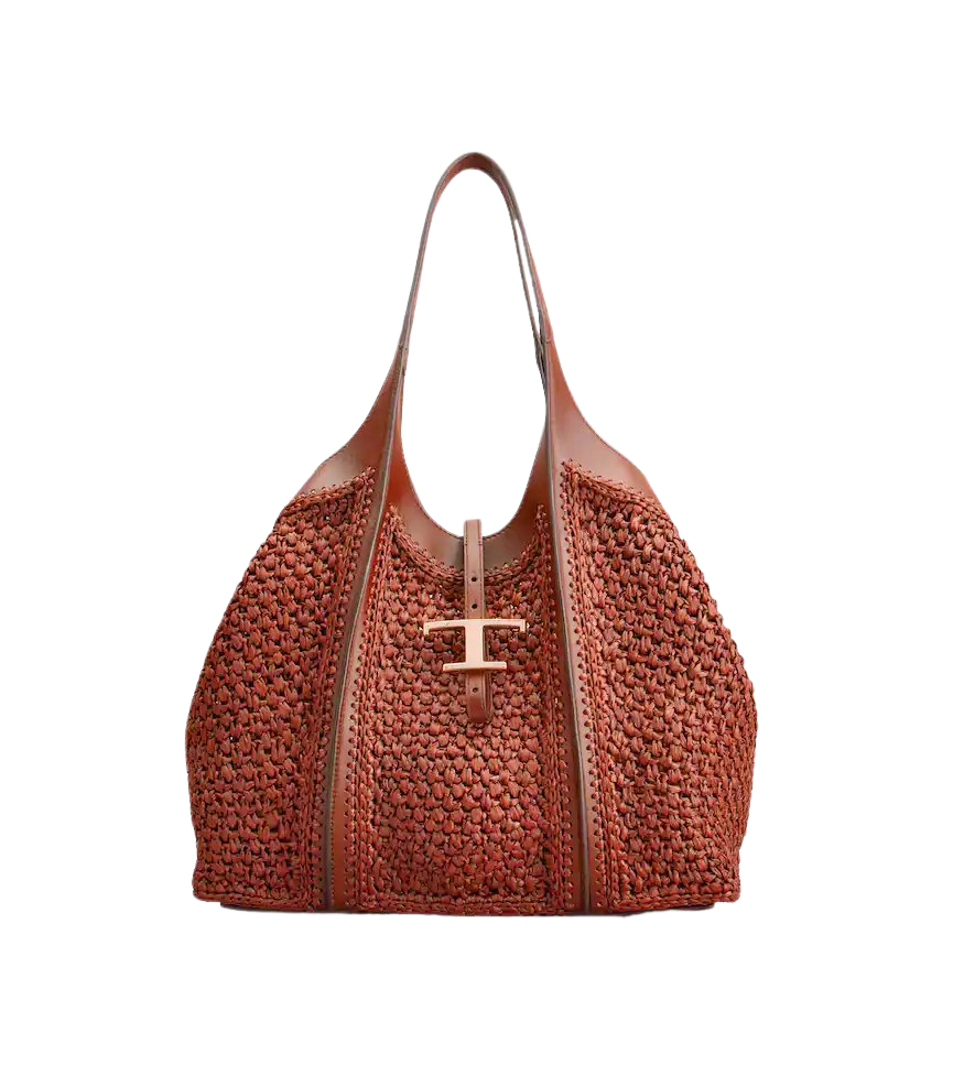 T Timeless Shopping Bag in Raffia and Leather Medium