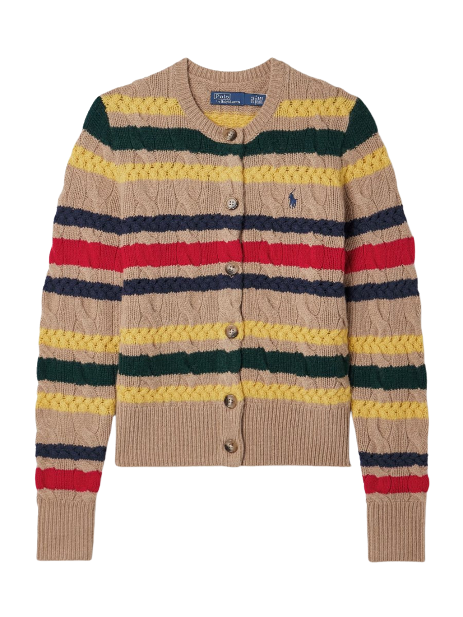 Striped cable-knit wool and cashmere-blend cardigan