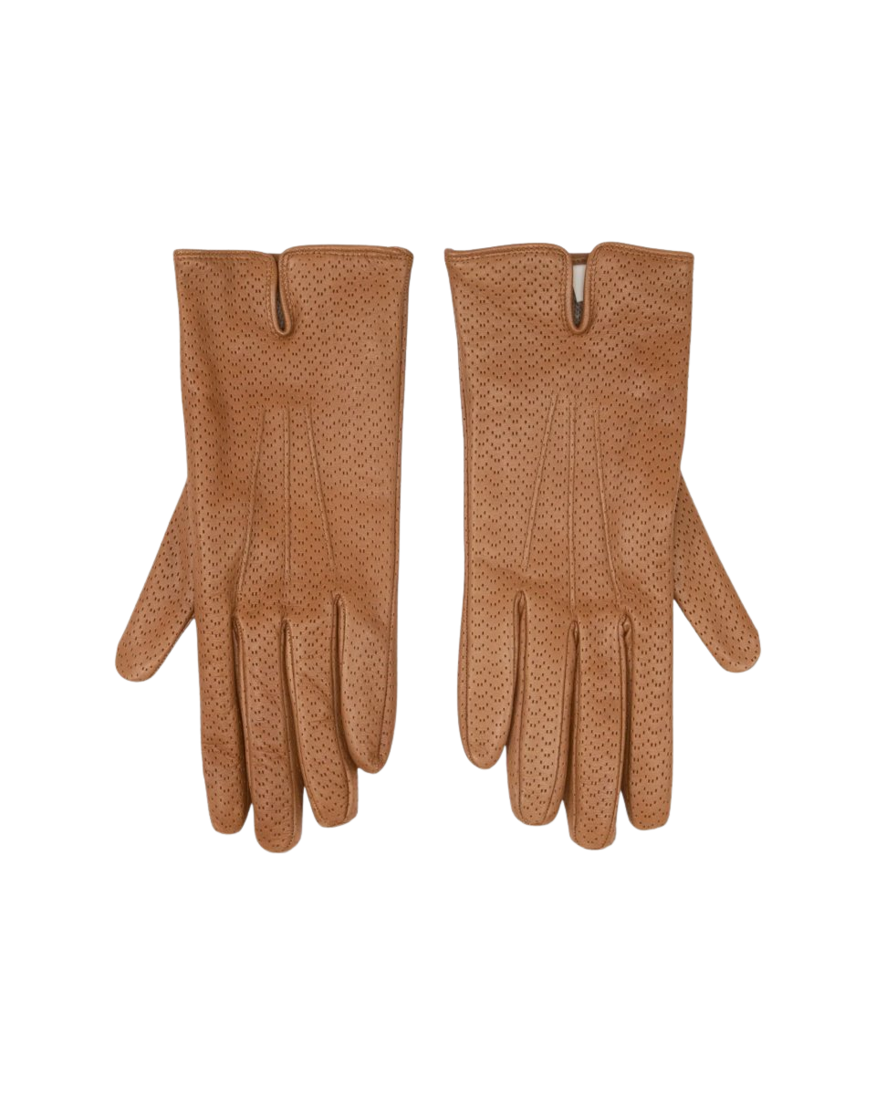 Cashmere-Lined Perforated Gloves in Camel Leather
