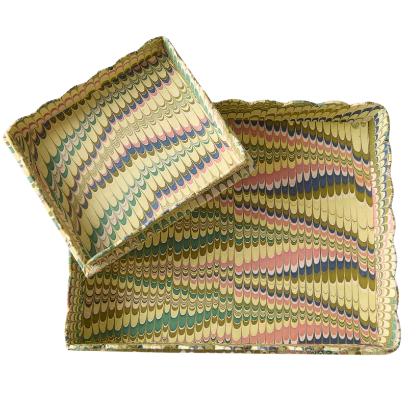 Marbled Scalloped Tray Set, Olive