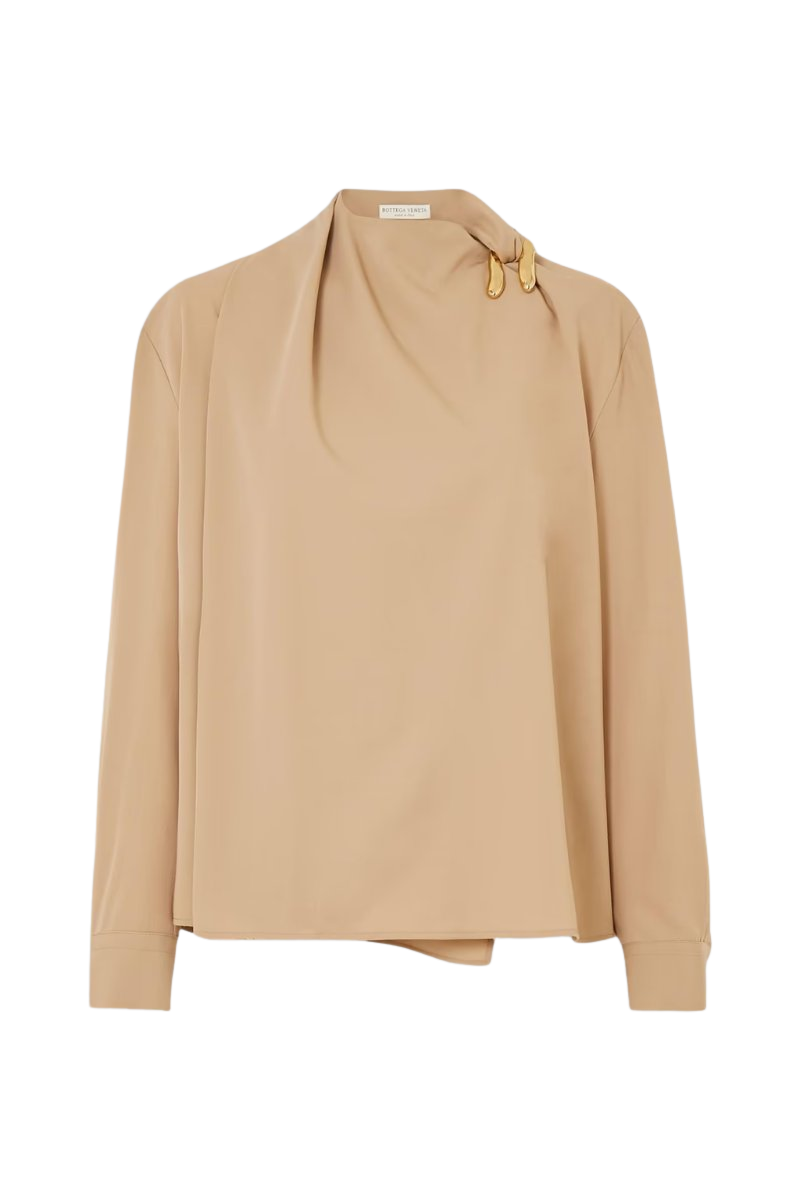 Embellished draped wool-twill blouse