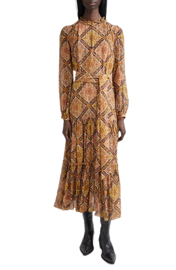 Floral Print Long Sleeve Crepon Midi Dress