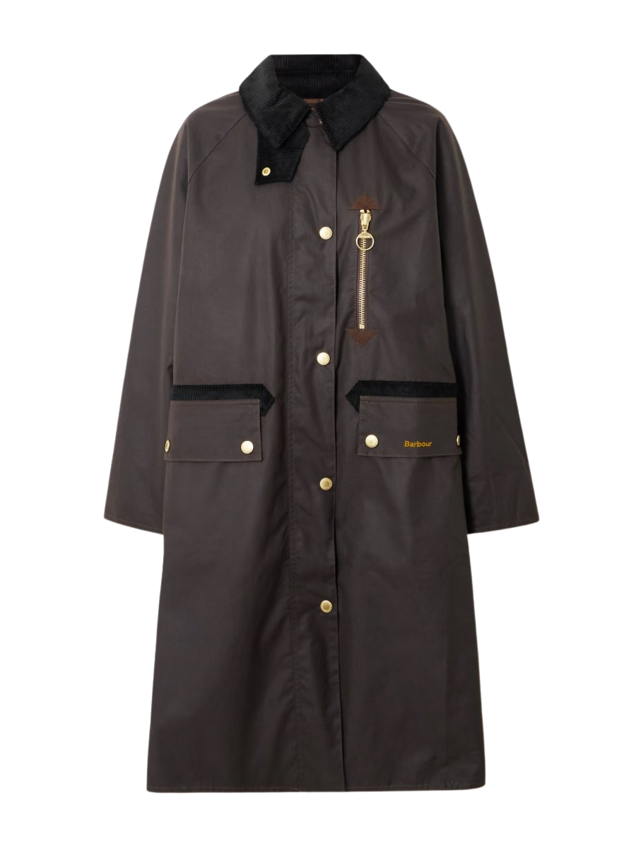Evette corduroy-trimmed waxed-cotton trench coat