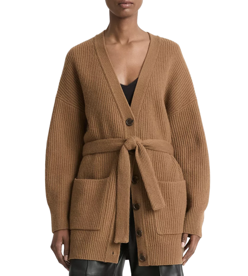 Faux-Leather-Trim Ribbed Wool-Cashmere Cardigan