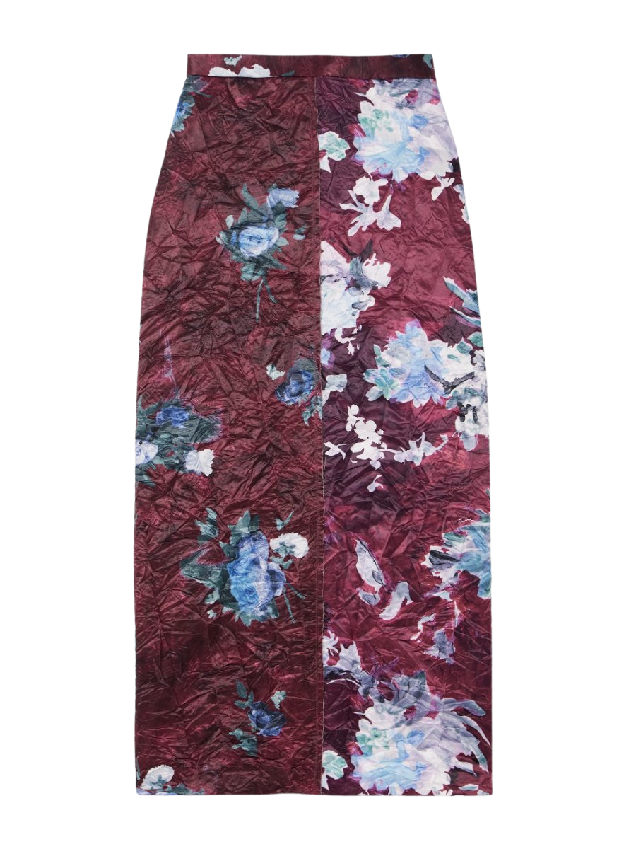 Floral-print crinkled duchesse-satin midi skirt