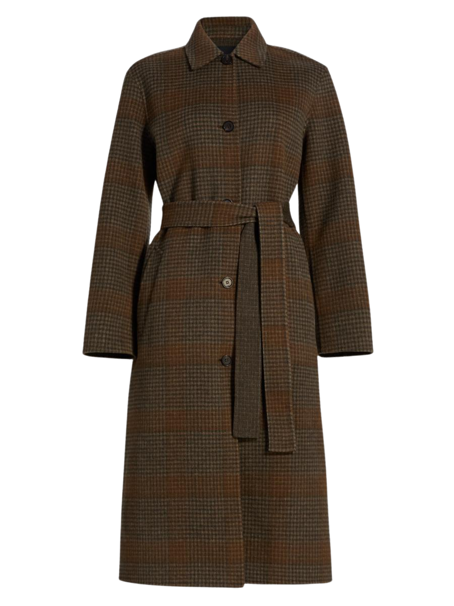 Plaid Wool-Cashmere Single-Breasted Belted Coat
