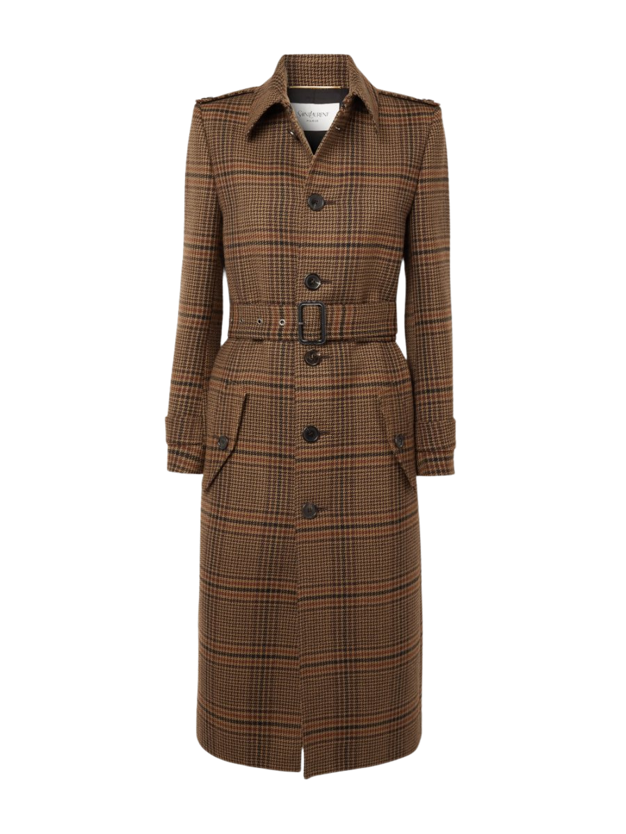 Belted checked wool trench coat