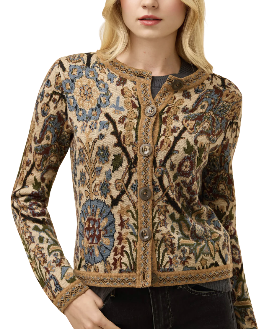 Francesca Jacquard Cardigan Guerard Estate Sand Bordered