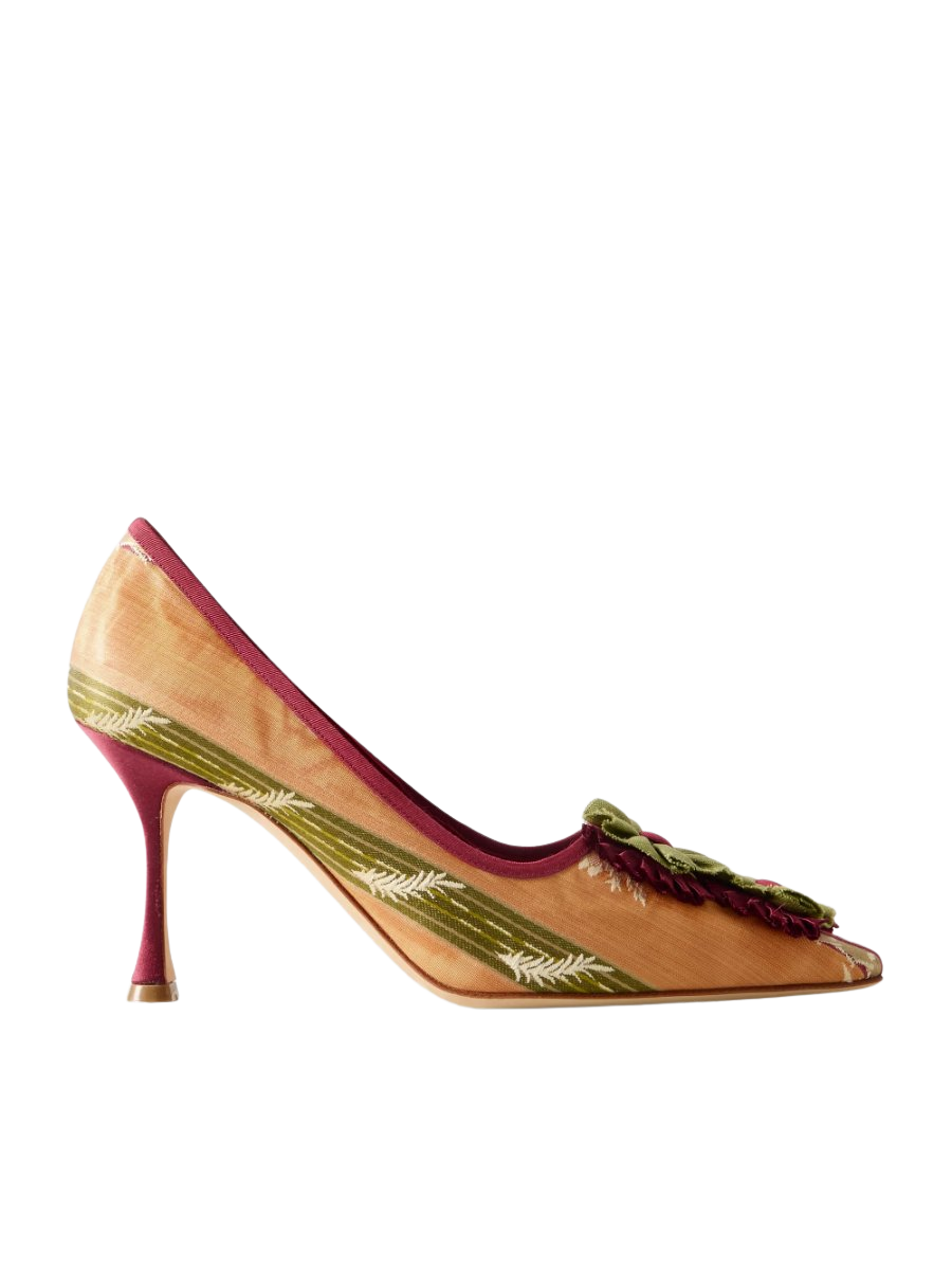 Montmedy 90 appliquéd embroidered striped satin pumps
