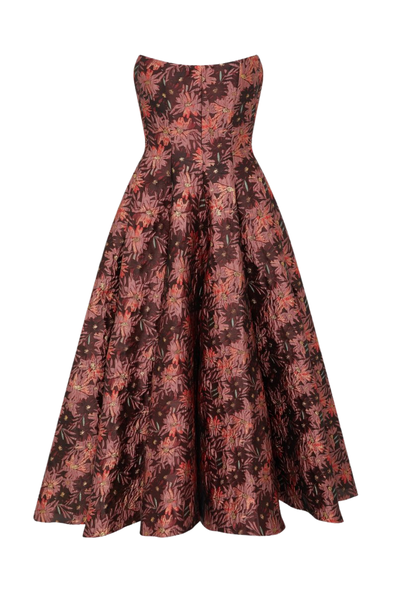Rousseau Burgundy Floral Brocade Midi Dress