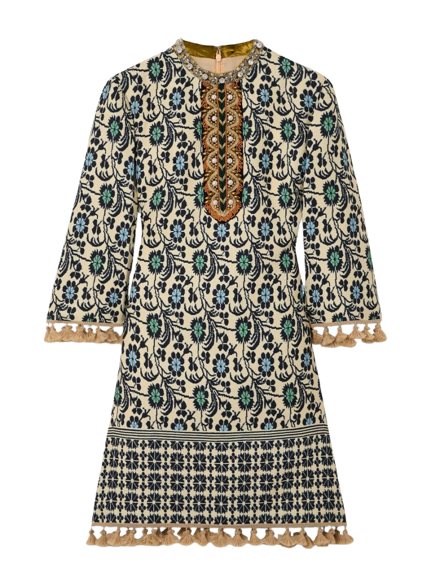 Embellished tasseled jacquard mini dress