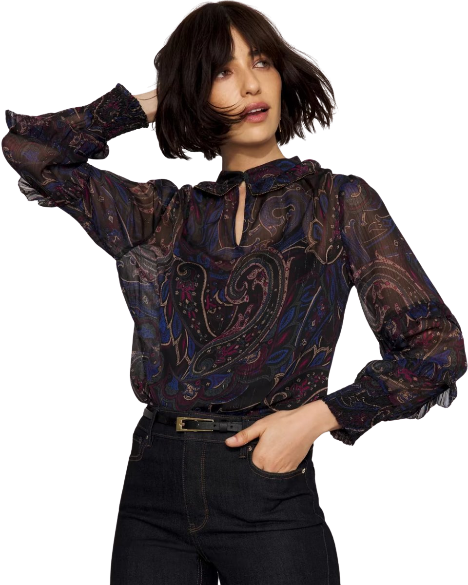 Jacquard Ruffle Sleeve Chiffon Blouse