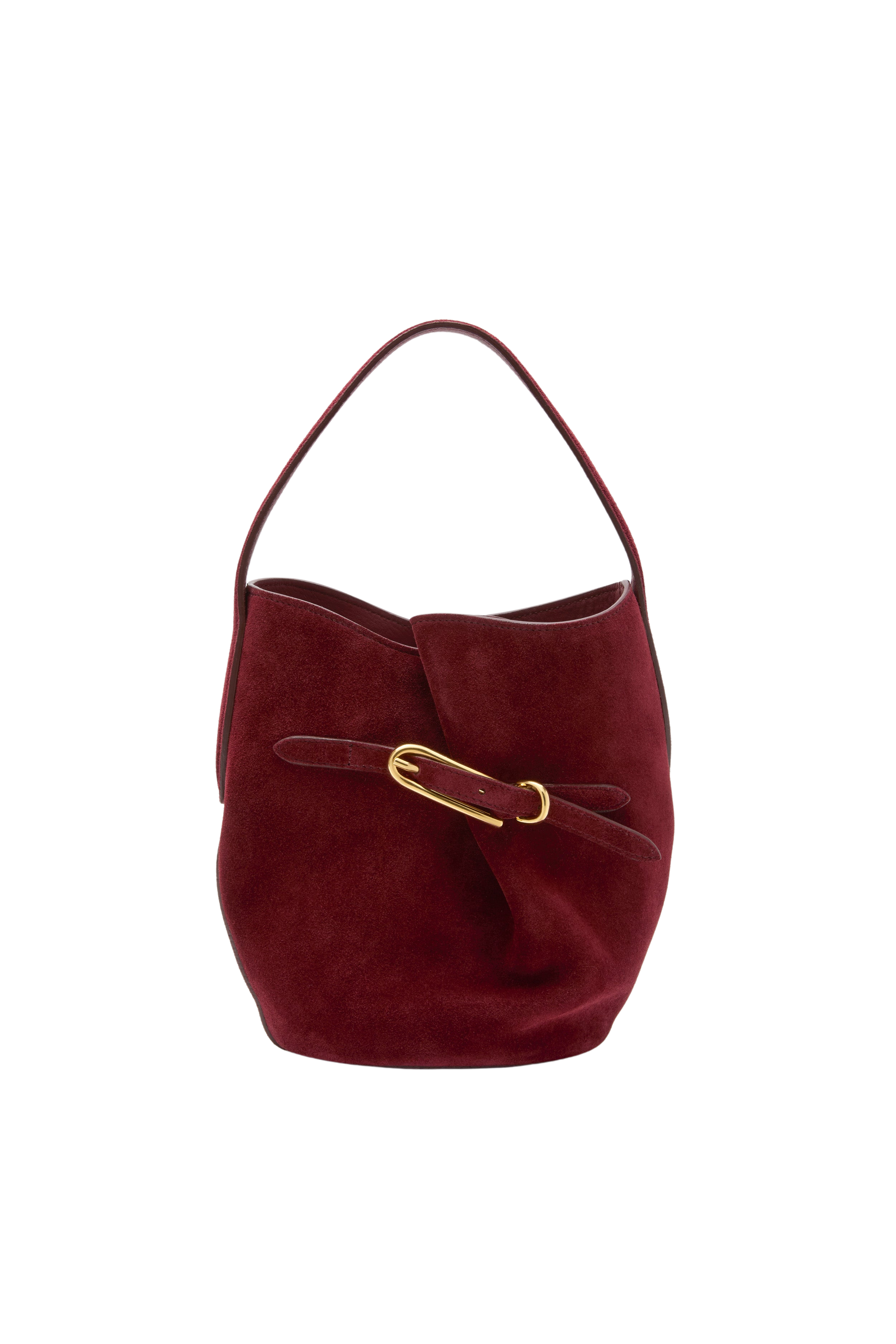 Maroon Suede Mini Belted Bucket Bag