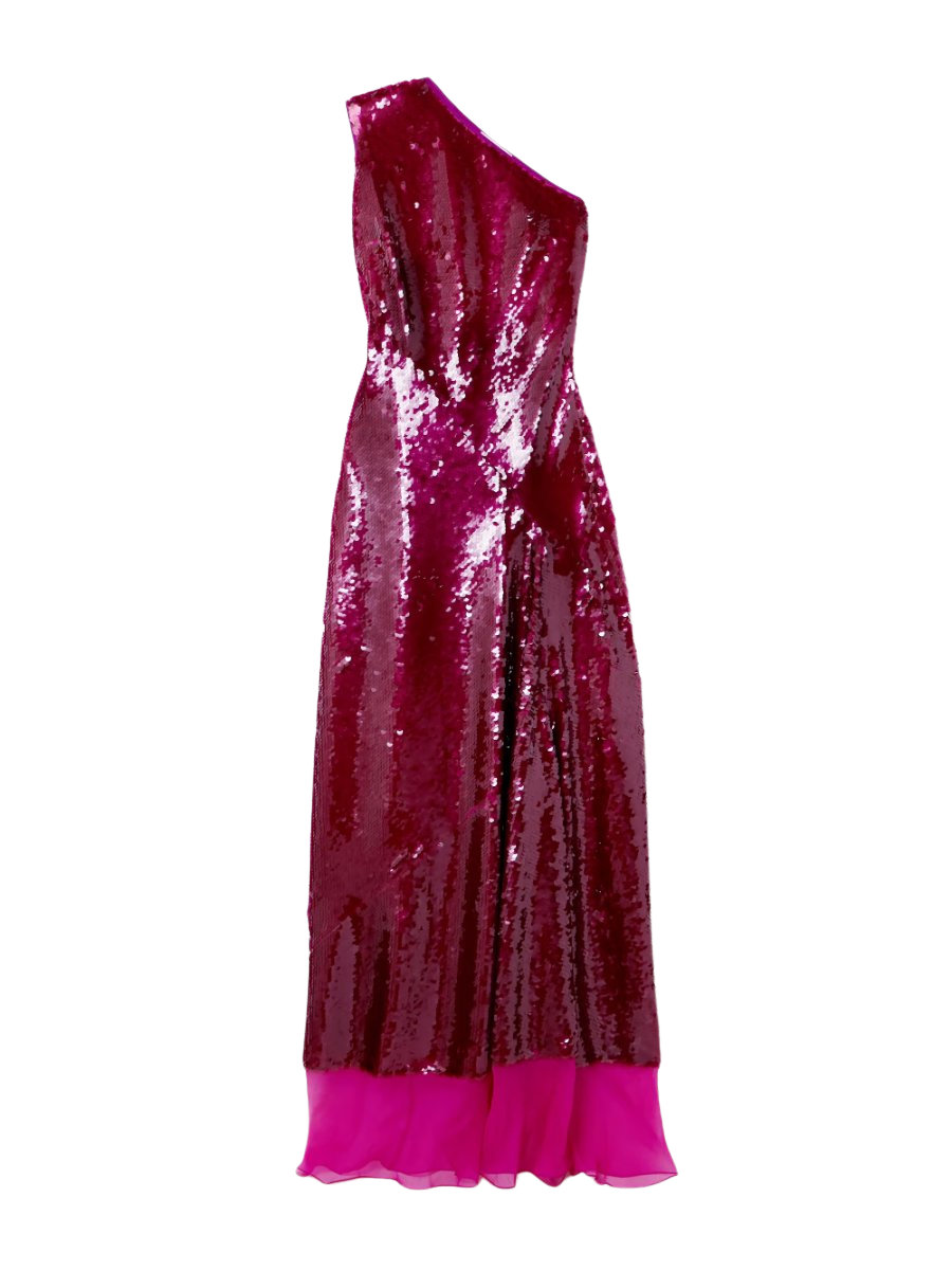 One-shoulder chiffon-trimmed sequined tulle gown