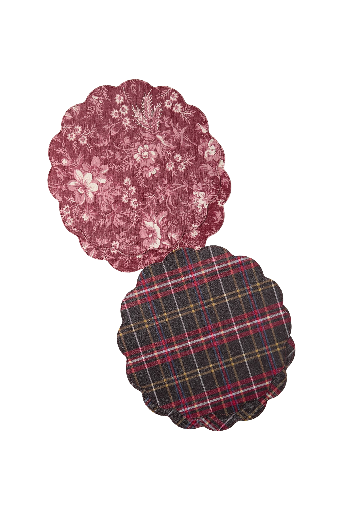 Red Antique Floral and Plaid Reversible Wipeable Placemats Set of 4