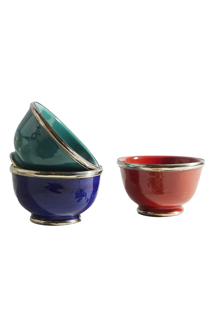 Moroccan Glazed Bowls with Berber Silver Trim, Set of 3