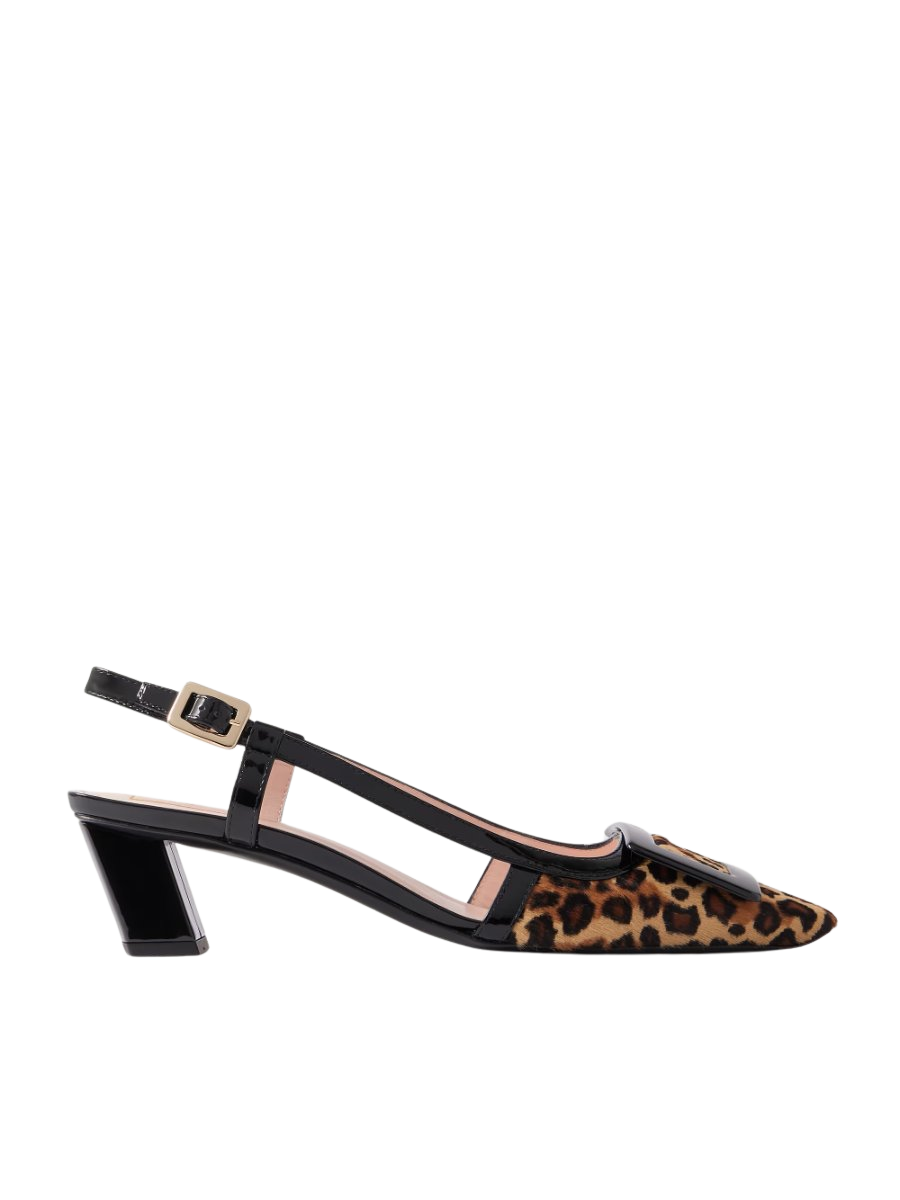 Belle Vivier 45 patent leather-trimmed leopard-print pony hair slingback pumps