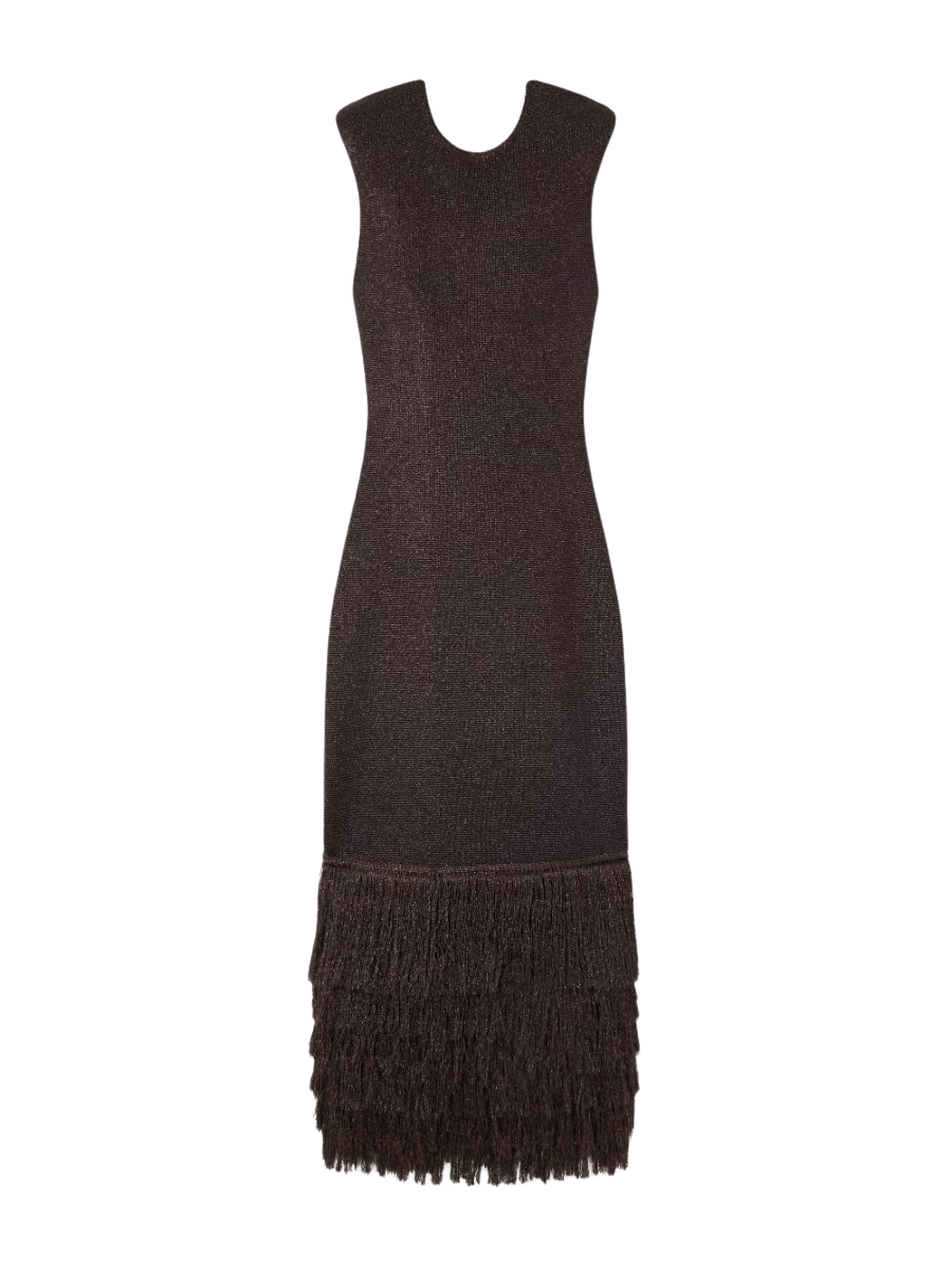 Breeze fringed metallic knitted midi dress